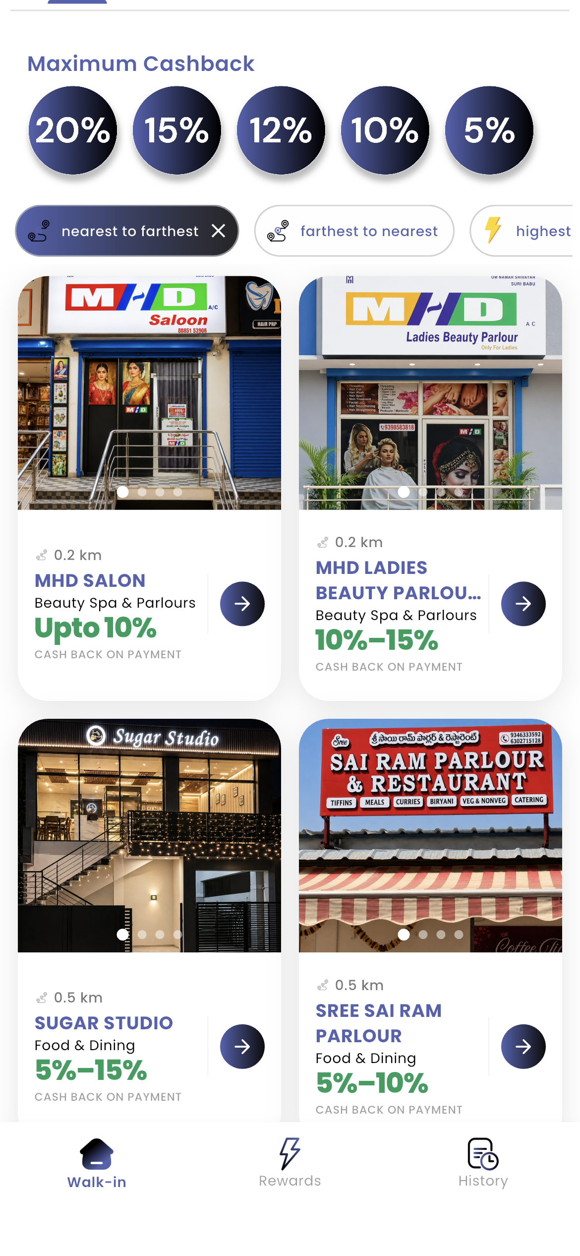 Payzo app — nearby stores with cashback offers