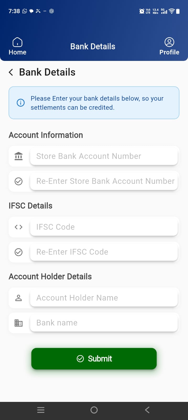 Add bank details for settlements