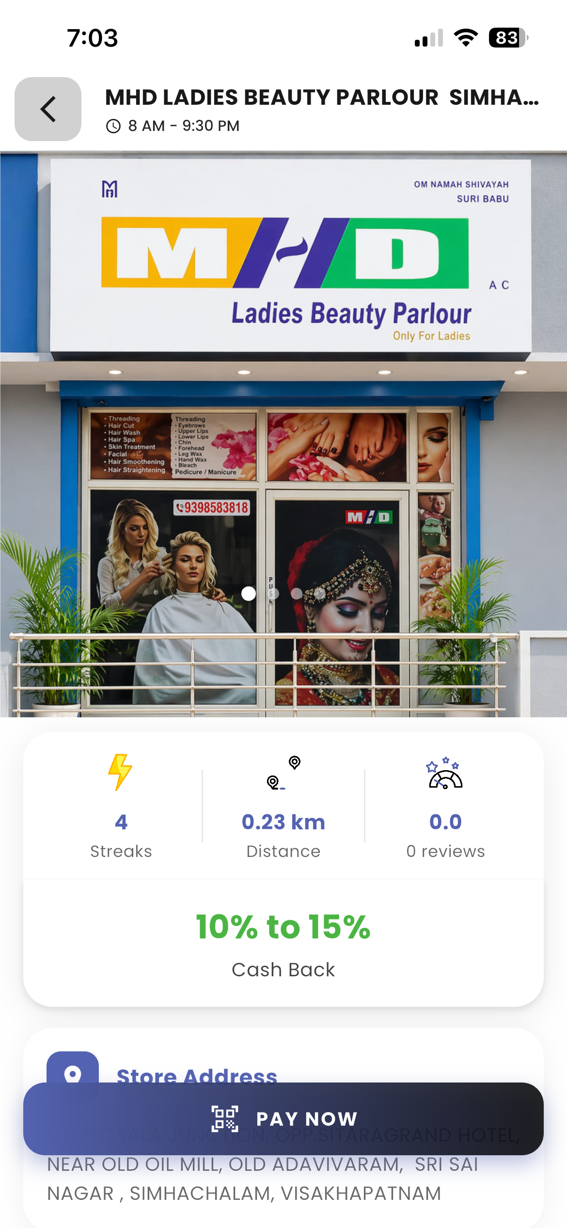 Payzo app — business profile visible to nearby customers